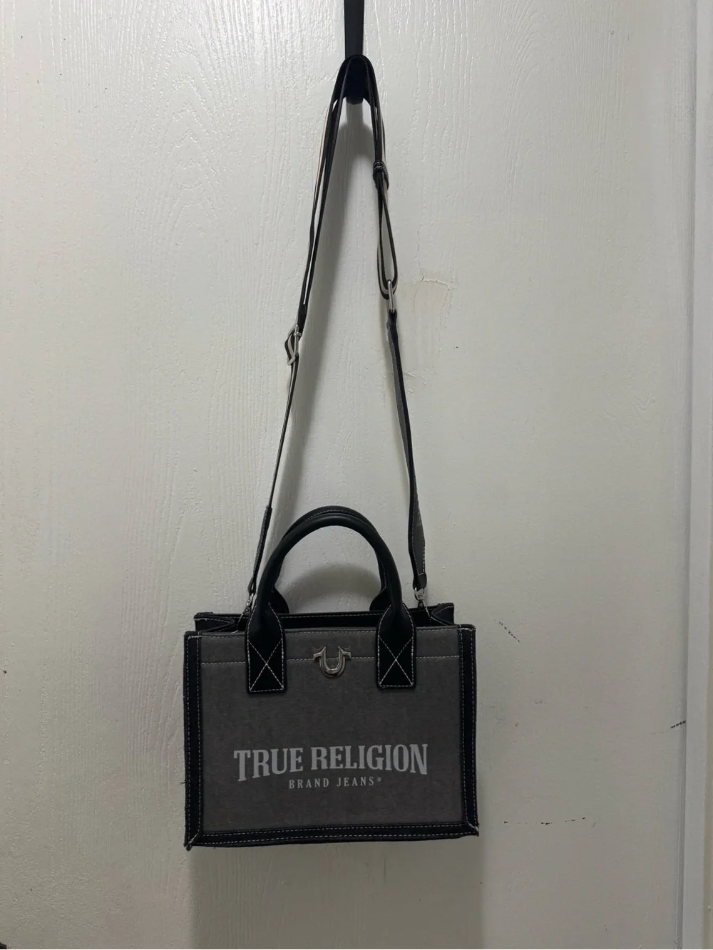 True Religion Gray Canvas Mini Tote with Black Trim and Logo - Picture 1 of 1